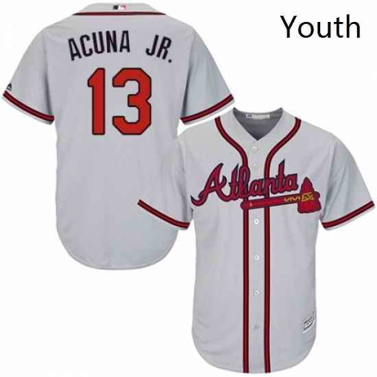 Youth Majestic Atlanta Braves 13 Ronald Acuna Jr Replica Grey Road Cool Base MLB Jersey
